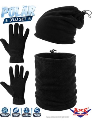 Axe Sportswear Erkek Siyah Kışlık Polar Eldiven - Polar Ipli Şapka Bere Olabilen Boyunluk 3'lü Set