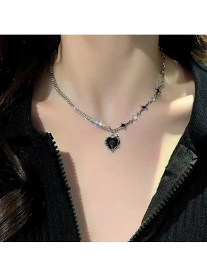 Lunarie Xuping Siyah Kalp Yıldız Detaylı Gümüş Renk Çelik Kolye – Kararmaz Ikili Katmanlı Gotik Kadın Kolyesi