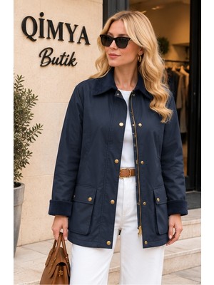 Qimya Butik Concept Kadın Yaka & Manşeti Kadife Yağlı Kumaş Premium Basic Ara Boy Mont-Ceket