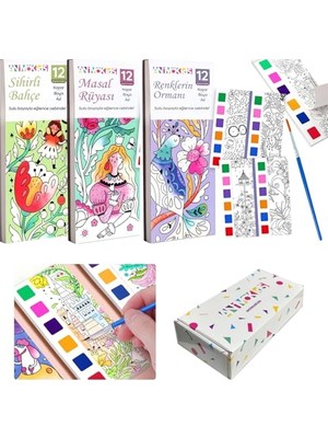 Pratik Ev Renk Paletli Sulu Boya Etkinlik Seti, Kendin Yap Dıy Kitap Ayracı, Çocuklar ve Yetişkinler Için 3 Adet Yeni Nesil Sulu Boya, 3 Adet Sulu Dahil Sihirli Bahçe-Masal-Renk Ormanı