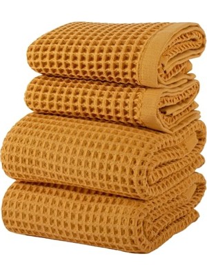 Pratik Ev Waffle Dokuma Havlu Takımı, 4-Parça, Hardal, 2 El ve 2 Büyük Banyo Havlusu, %100 Pamuk, Emici, Yumuşak ve Hızlı Kuruyan