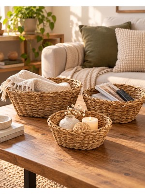 Bahçem Dekoratif Düzenleyici Natural Renk Elips Seagrass Hasır Sepet 3'lü