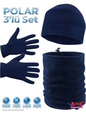Axe Sportswear Erkek Lacivert Kışlık Polar Eldiven - Polar Bere - Polar Boyunluk 3'lü Set