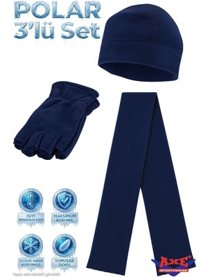 Axe Sportswear Unisex Lacivert Termal Kışlık Parmaksız Kesik Yarım Parmak Polar Eldiven Polar Bere Polar Atkı 3'lü Set