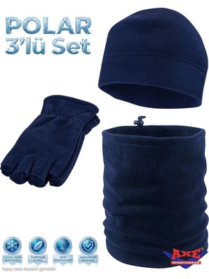 Axe Sportswear Erkek Lacivert Kışlık Termal Parmaksız Kesik Polar Eldiven Polar Bere Polar Ipli Boyunluk 3'lü Set