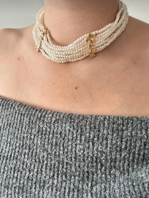 Lunarie Çok Sıralı Inci Choker Kolye - 14K Gold Ara Detaylı Vintage Gösterişli Davet Boyunluk Kadın Kolye