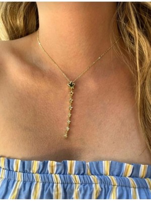 Lunarie Xuping Yıldız Detaylı Y Kolye - 14K Gold Zirkon Taşlı Sarkıt Kademeli Modern Kadın Kolye