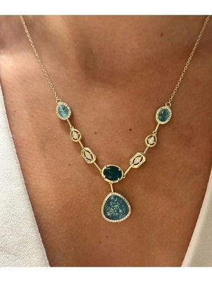 Lunarie Xuping Opal Efektli Mavi Taşlı Sarkıtlı Vintage Kolye - 14K Gold Zincirli Zirkon Taşlı Zarif Özel Gün Davet Kolyesi