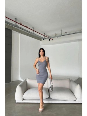 Krep Elbise Askılı Yaka V Mini Kemerli Kumaş