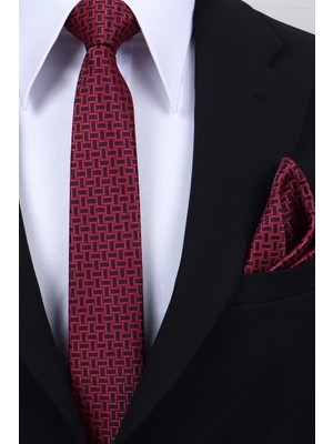 Esgue Hand Made 6 cm Geometrik Desen Bordo-Siyah Renk Mendilli Kravat