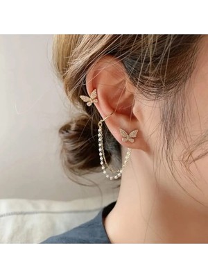 Lunarie Xuping Altın Zirkon Taşlı Kelebek Inci Zincir Ear Cuff Küpe - Modern Kararmaz Antialerjik Canlı Renk Solmaz Şık Hediyelik Trend Kadın Küpe