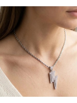 Lunarie Xuping Şimşek Figürlü Iced Out Kolye – Gümüş Renk Zirkon Taşlı Kararmaz Çelik Sokak Stili Unisex Kolye