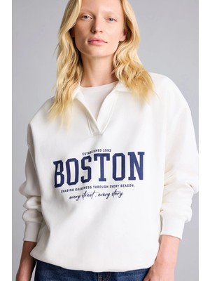 DeFacto Relax Fit Açık Polo Yaka Baskılı Sweatshirt I3317AX26WN