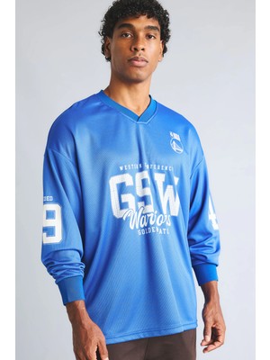 DeFacto NBA Golden State Warriors Oversize V Yaka Baskılı Mesh Forma Kumaş Uzun Kollu Sweatshirt I5210AX26AU