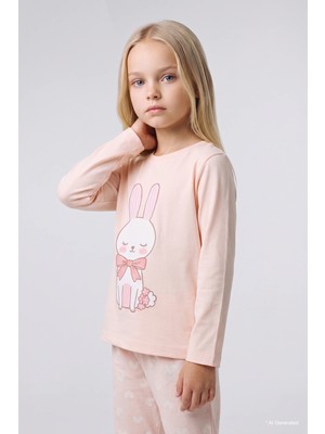 DeFacto %100 Pamuk Tavşan Baskılı Üst Kalpli Alt 2'li Pijama Takımı Kız Bebek I1010A526WN
