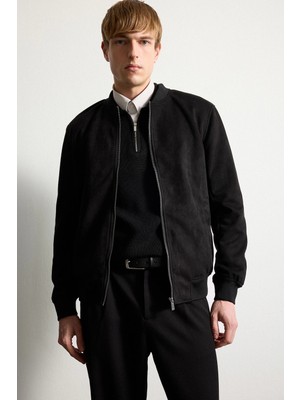 DeFacto Ultra Yumuşak Slim Fit Süet Kolej Yaka Fermuarlı Çift Cepli Mevsimlik Bomber Mont Ceket A3866AX26SP