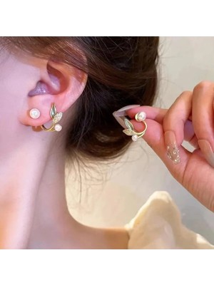 Lunarie Xuping 14K Altın Kaplama Zirkon ve Inci Taşlı Yaprak Ear Climber And Cuff Küpe - Vintage Kararmaz Antialerjik Solmaz Şık Hediyelik Yeni Sezon Trend Kadın Küpe