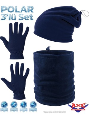 Axe Sportswear Erkek Lacivert Kışlık Termal Polar Eldiven - Polar Ipli Şapka Bere Olabilen Boyunluk 3'lü Kışlık Set