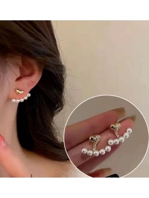 Lunarie Xuping Altın Kalp Inci Ear Jacket Tırmanıcı Küpe - Modern Kararmaz Antialerjik Canlı Renk Solmaz Şık Hediyelik Yeni Sezon Kadın Küpe