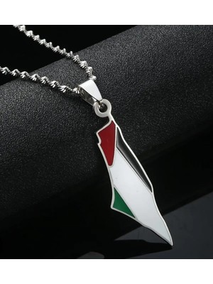 Lunarie Filistin Bayraklı Mineli Harita Çelik Kolye - Vatan Temalı Kararmaz Unisex Zincirli Kolye