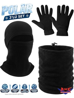 Axe Sportswear Erkek Siyah Kışlık Termal Polar Eldiven - Ipli Polar Boyunluk - Polar Kar Maskesi 3'lü Set
