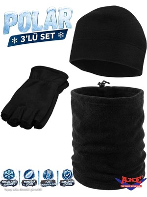 Axe Sportswear Siyah Parmaksız Kesik Yarım Parmak Kışlık Polar Eldiven - Polar Bere - Polar Boyunluk 3lü Set