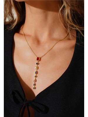 Lunarie Xuping Çok Renkli Taşlı Vintage Y Kolye - 14K Gold Farklı Kesim Zirkon Taşlı Sarkıt Modern Kadın Kolye