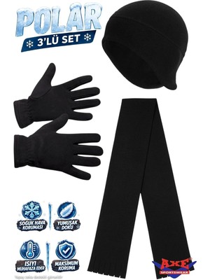 Axe Sportswear Erkek Siyah Kışlık Termal Polar Eldiven - Polar Kulaklıklı Bere - Polar Atkı 3'lü Set