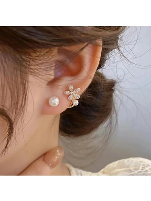 Lunarie Xuping Altın Inci Zirkon Çiçek Ear Jacket Tırmanıcı Küpe - Modern Kararmaz Antialerjik Solmaz Şık Hediyelik Kadın Küpe