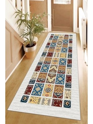 Pratik Ev Eskitme Kilim Desenli Dijital Baskı Yıkanabilir Kaymaz Taban Vintage Salon Halısı ve Yolluk, Gri-Bordo-Turkuvaz 80 x 150,955556311801507