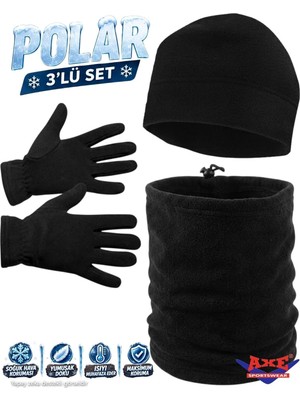Axe Sportswear Erkek Siyah Kışlık Polar Eldiven - Polar Bere - Polar Boyunluk 3'lü Set