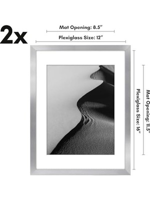 12X16 Resim Çerçevesi 2 Inç Gümüş Seti - Mat ile 9X12 Resim Çerçevesi Veya 12X16 Matsız Çerçeve Olarak Kullanın - Yatay Veya Dikey Ekran Için Pleksigl