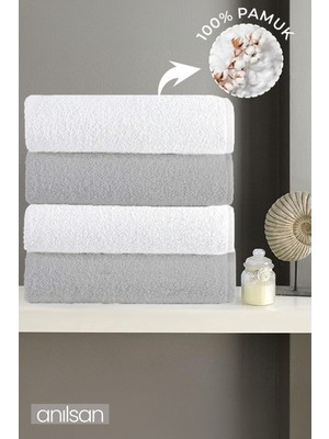 Anılsan 4'lu Gri-Beyaz Banyo Havlusu - 70x140 Cm, 490 Gr, %100pamuk, Spa Ve Otel Havlusu U