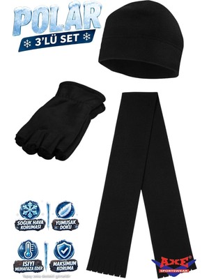 Axe Sportswear Unisex Siyah Parmaksız Kesik Yarım Parmak Kışlık Polar Eldiven - Polar Bere - Polar Atkı 3'lü Set