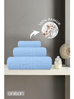 Anılsan 3'lü Mavi Greek Havlu Seti %100 Pamuk - 1 Adet El Havlusu 1 Adet Yüz Havlusu ve 1 Adet Banyo Havlusu