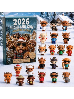 Highland Cow Advent Takvimi 2026, 24 3D Sevimli Mini Sığır Figürleri (B) / 24 Adet 3D Koleksiyon