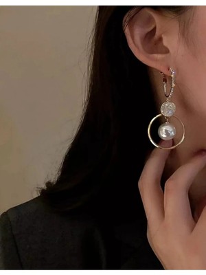 Lunarie 14K Altın Kaplama Zirkon Disk Inci Halka Sallantılı Küpe - Vintage Zarif Kararmaz Antialerjik Klasik Renk Solmaz Şık Hediyelik Xuping Trend Kadın Küpe