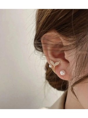 Lunarie Xuping Altın Inci Zirkon Balık Kuyruğu Ear Cuff Küpe - Modern Kararmaz Antialerjik Solmaz Şık Hediyelik Trend Kadın Küpe