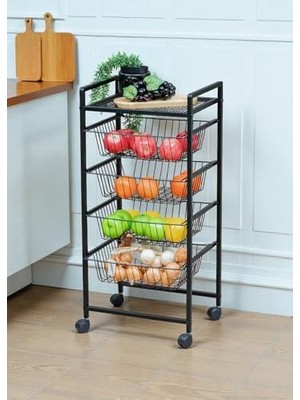 Pratik Ev Siyah Tekerlekli Metal Sebzelik, 4 Raflı Tel Sepetli Çok Amaçlı Stand