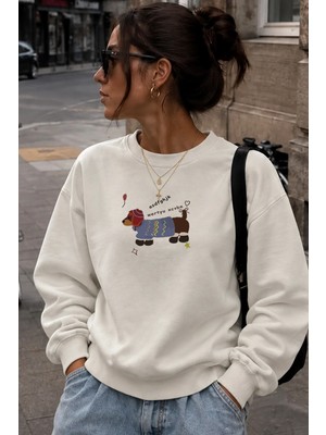 Monila Kadın Premium Kumaş 3 Iplik Şardonlu Köpek Baskılı Sweatshirt