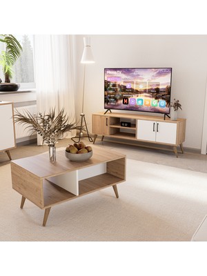 Mezza Set 1584-2074-1624 Exxen (Ahşap Ayaklı) Tv Ünitesi - Orta Sehpa - Konsol Seti Sepet - Beyaz