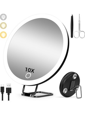 Odea Tr 10X Işıklı Büyüteçli Ayna, Büyük 6 Inç Şarj Edilebilir 3 Renk Modu Karartma Işıklı 10X Işıklı Büyüteç Aynası, Seyahat Yüksek Büyütmeli 10X Vantuzlu ve Masa Standlı Büyüteç Aynası