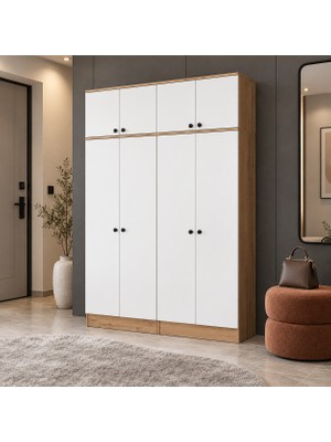 Rani Mobilya Rani EA176 Modern Portmanto 8 Kapaklı Raflı Askılı Ayakkabılık Vestiyer Sepet Ceviz - Beyaz