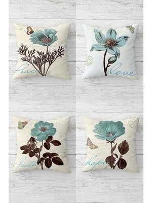 Pratik Ev Peace Love Hope Fatih Çiçekler Gizli Fermuarlı Kırlent Kılıfı Takımı (4ADET), Su Yeşili-Bej 45 x 45