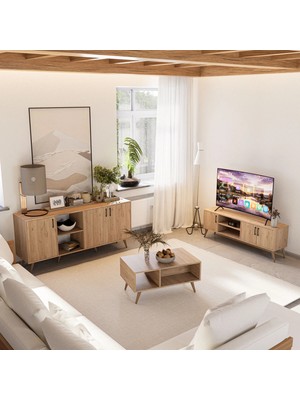 Mezza Set 1586-2076-1626 Exxen (Ahşap Ayaklı) Tv Ünitesi - Orta Sehpa - Konsol Seti Sepet Rengi