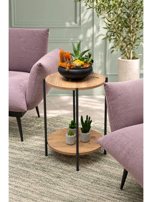 Arpelia Yuvarlak Tablalı İki Katlı Sehpa Q42x60 cm Metal ve Suntalam ile Salon ve Ofis Kullanımına Uygun