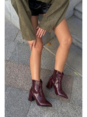 v.s.h velvet Kadın Klasik Kroko Sivri Burun Kalın Topuklu Bot Bordo Yandan Fermuarlı Model