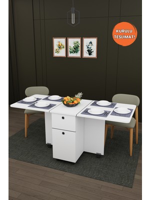 Asra Trend Lüks Katlanır Mutfak Yemek Masası %100 MDF Pratik Çekmece+Dolaplı Çalışma Masası KM99
