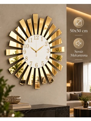 AA Shop Yuvarlak Ahşap Duvar Saati Beyaz Gold Aynalı Pleksi Piyano Tasarım Sessiz Mekanizmalı Dekoratif