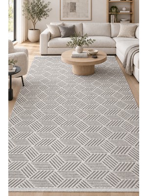 Ally Carpet Süzen Sivena Modern Zarif Gri Ekru Halı, Robot Süpürge Uyumlu, Kolay Temizlenebilir Akrilik Salon Ot